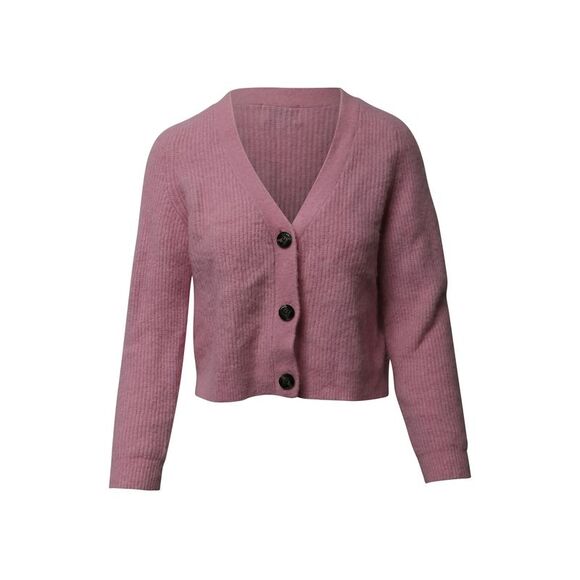 Ganni Rib Knit Cropped Cardigan in Pink Wool - Picture 1 of 8
